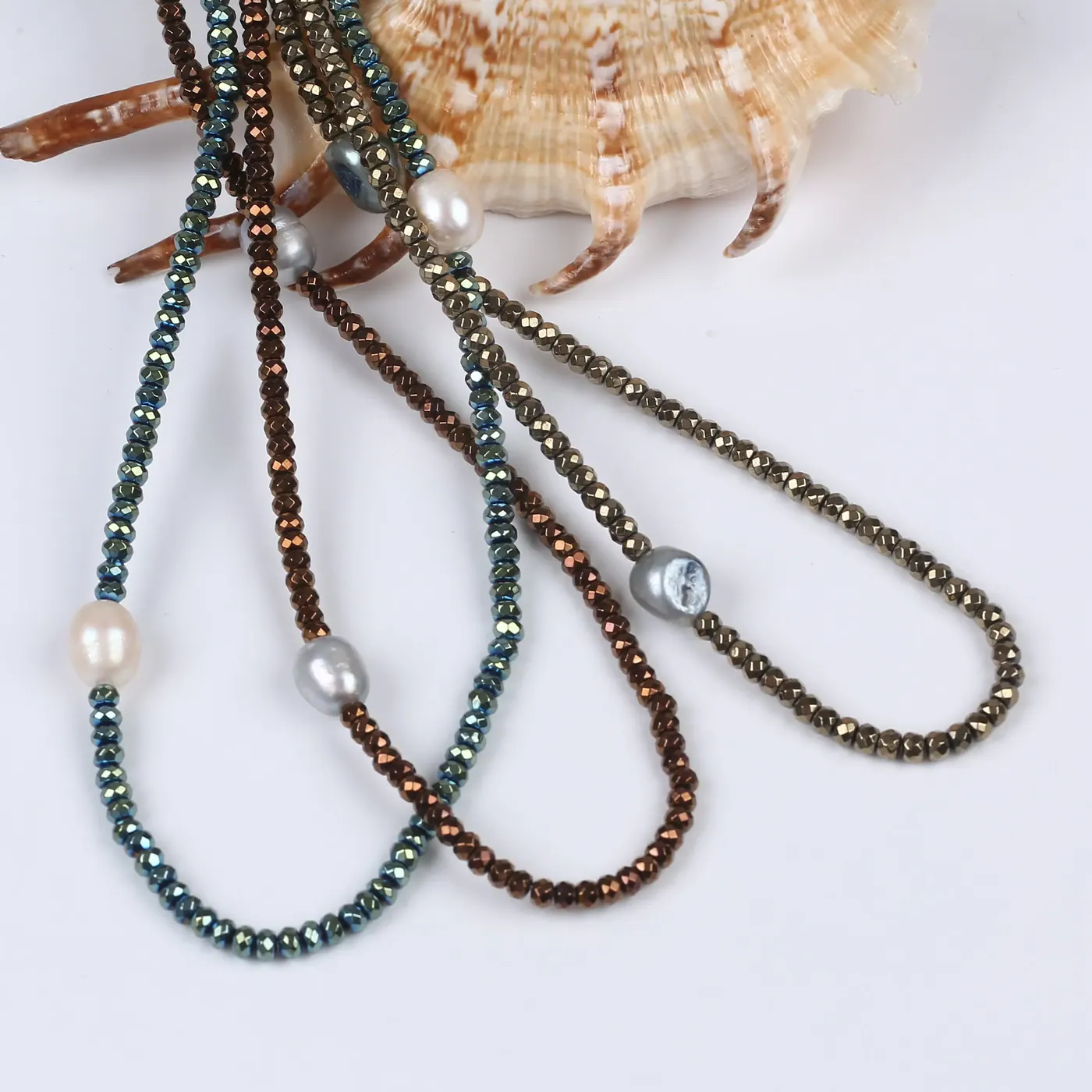 Classical 10-11mm Rice Shape Pearl And Green/Brown/Yellow Color Hematite Long Pearl Necklace