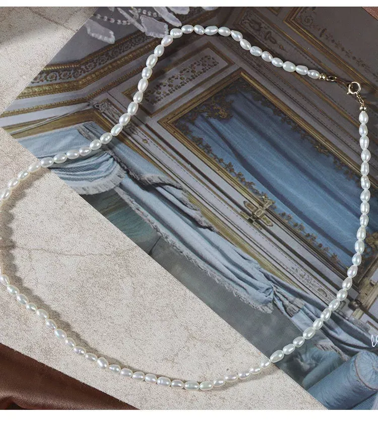 AA Grade Tiny Size Natural Freshwater Rice Pearl Choker 14K Gold Plated Clasp Necklace