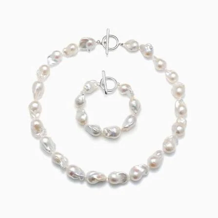 White baroque freshwater pearl necklace and bracelet set with silver toggle clasps