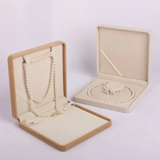 Beige and tan pearl necklace presentation boxes for wholesale jewelry packaging