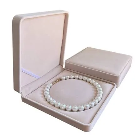 Beige square pearl necklace gift box shown open and closed