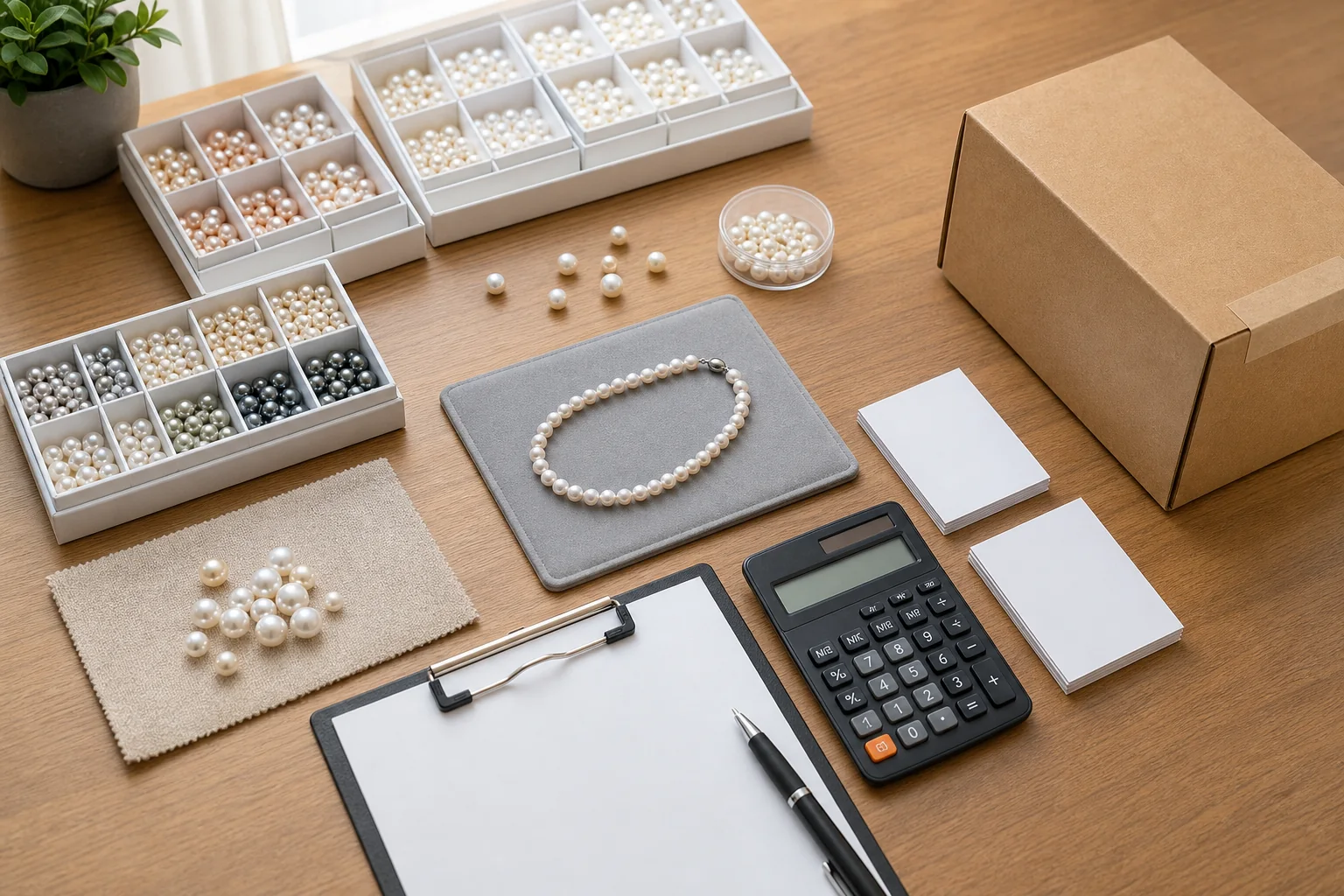 Freshwater pearl wholesale price planning with samples, calculator and shipping boxes