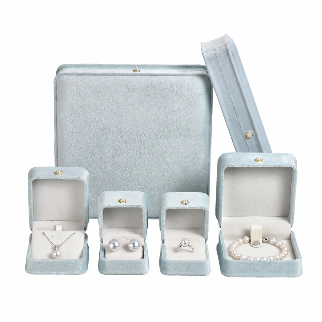 Light blue pearl packaging box set with pearl pendant earrings ring and bracelet