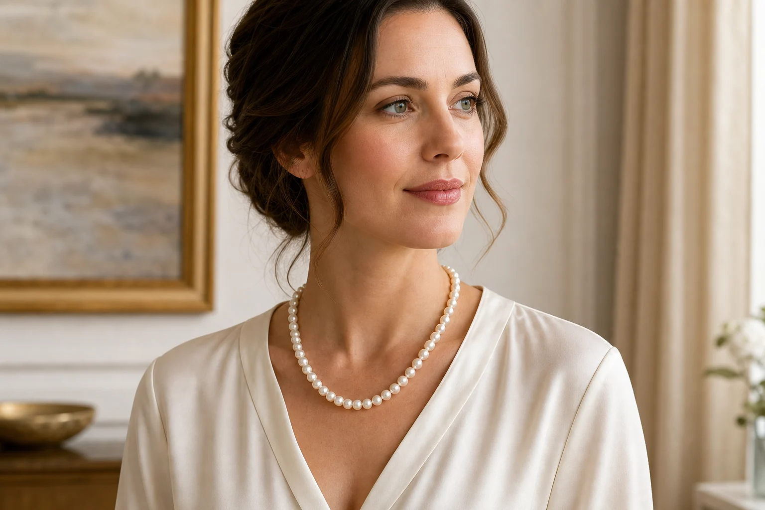 Model wearing classic white freshwater pearl necklace