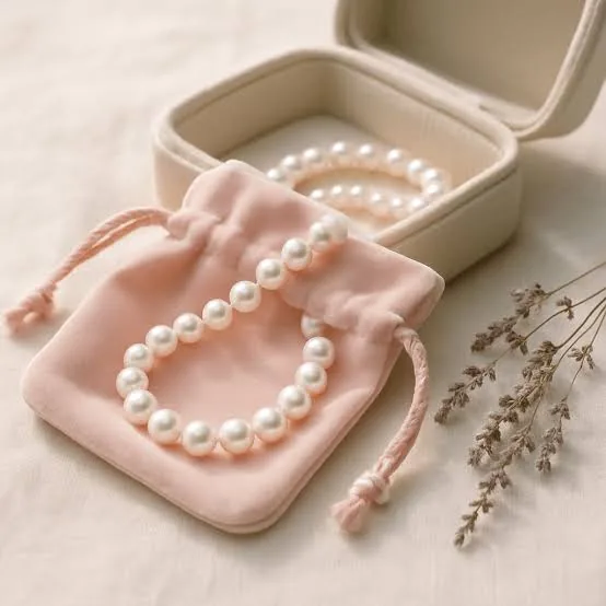 Pink drawstring pearl bracelet pouch with matching jewelry box