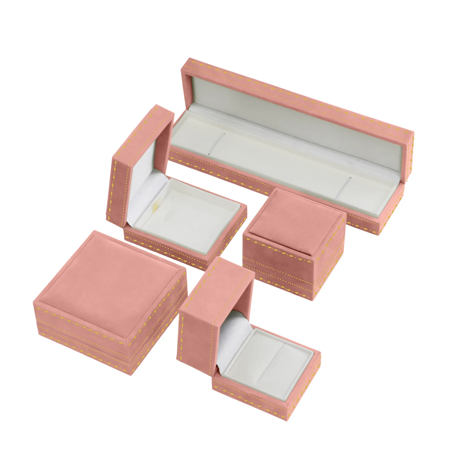 Pink pearl jewelry packaging box set with gold trim in necklace bracelet ring and earring sizes