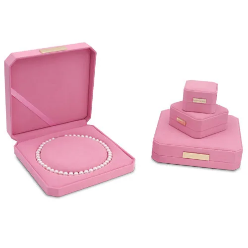 Pink pearl necklace presentation box with matching small jewelry boxes
