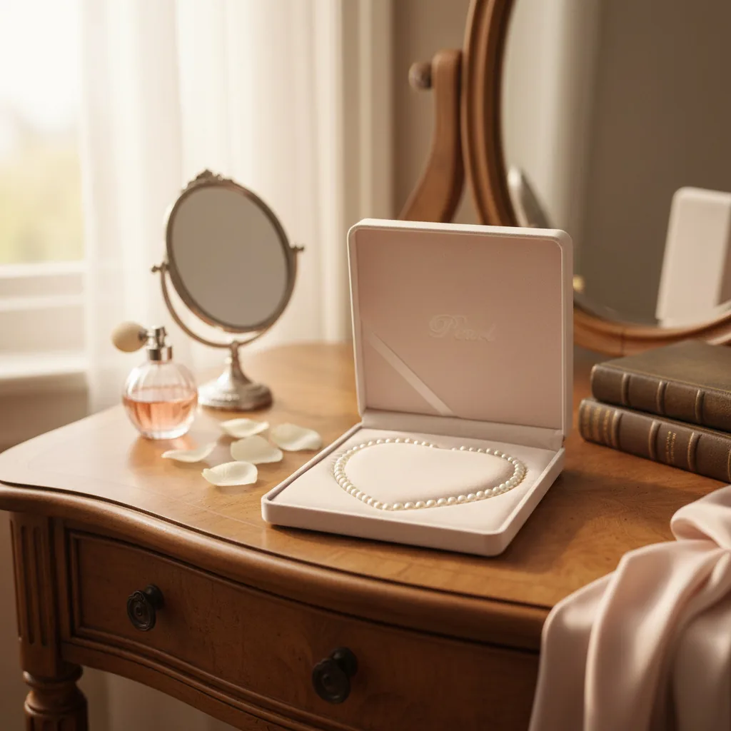 Pink pearl necklace presentation box with white freshwater pearl necklace