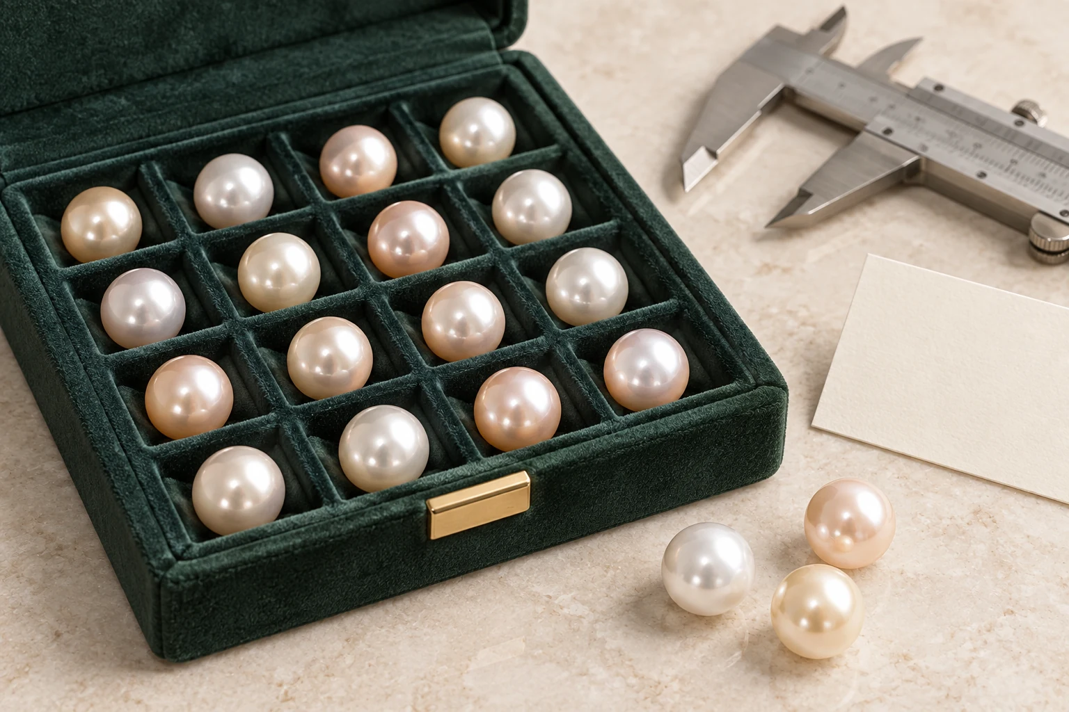 Premium freshwater pearl samples in a suede case for purchase order approval