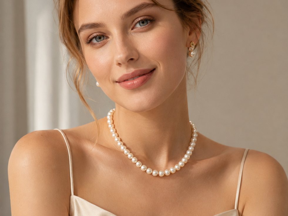 Classic matched pearl necklace on model