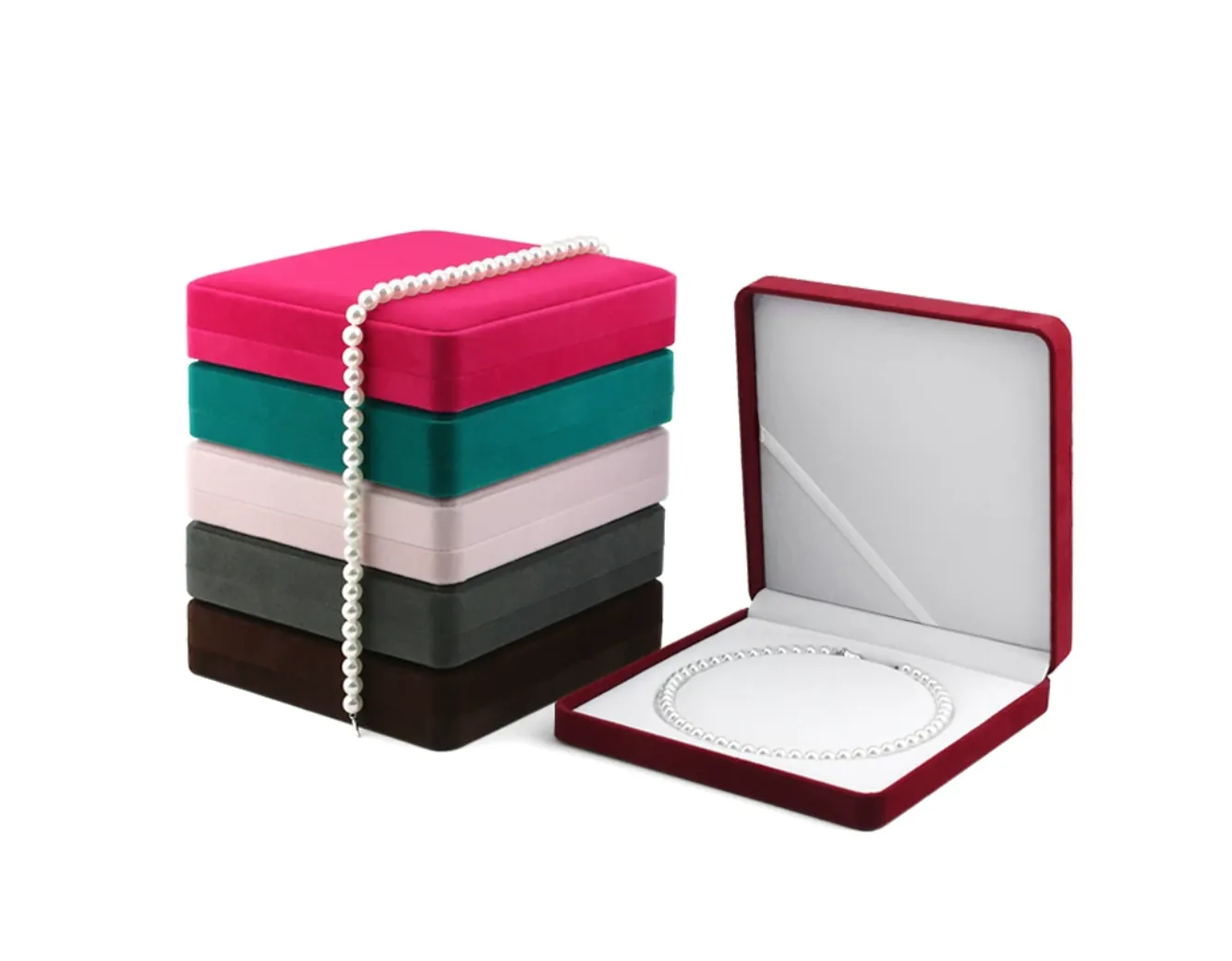 Wholesale square pearl necklace gift boxes in pink green blush gray brown and red color options